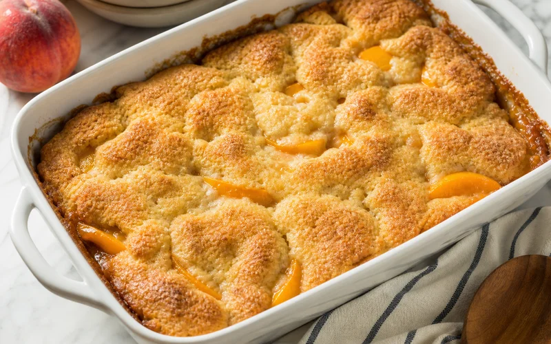 Golden fresh peach cobbler in a baking dish with bubbling fruit filling and crisp topping