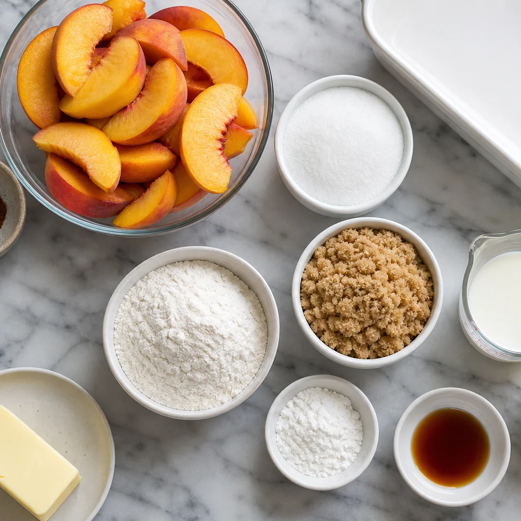 Ingredients for fresh peach cobbler including peaches, flour, butter, sugar, cinnamon, and milk