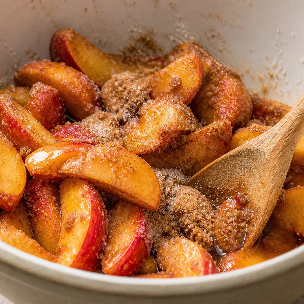 Step 2 tossing sliced peaches with sugar, cinnamon, nutmeg, lemon juice, and cornstarch