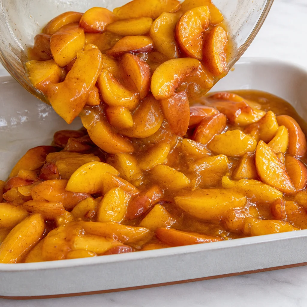 Step 3 pouring peach filling into the prepared baking dish and spreading evenly