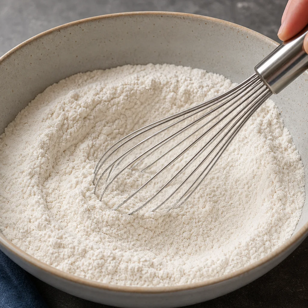 Step 4 whisking flour, sugar, baking powder, and salt for the cobbler topping