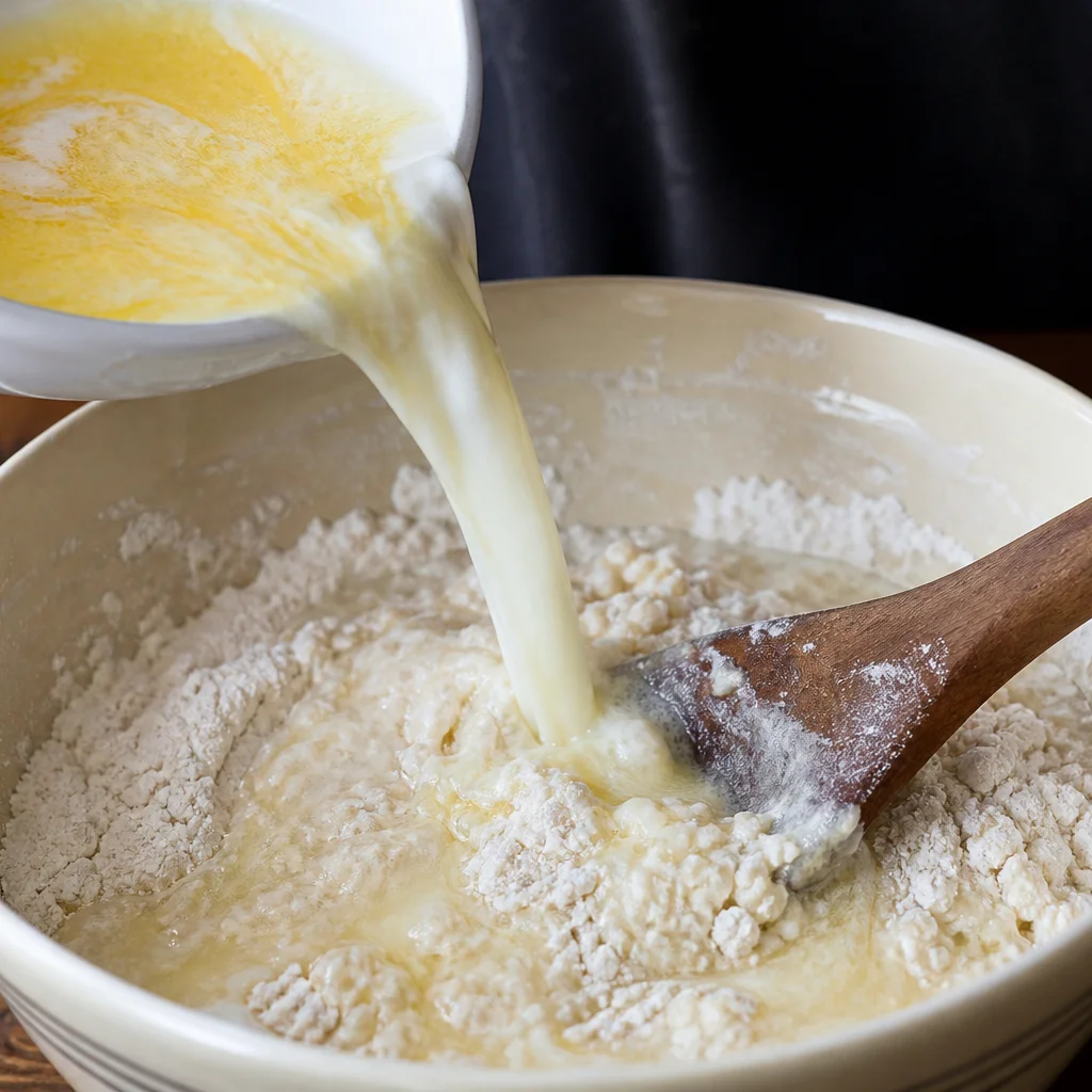 Step 5 stirring melted butter, milk, and vanilla into the flour mixture for cobbler batter