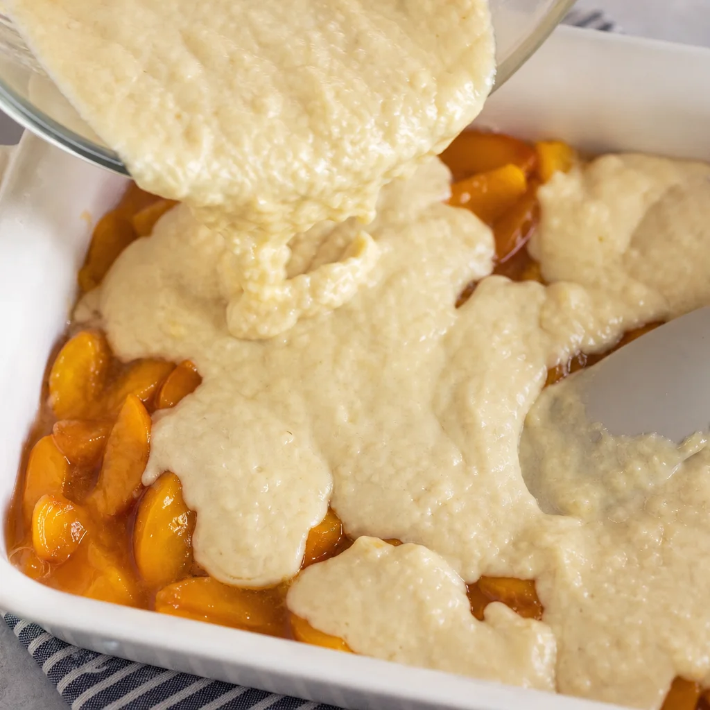 Step 6 pouring cobbler batter over peach filling and spreading gently with a spatula