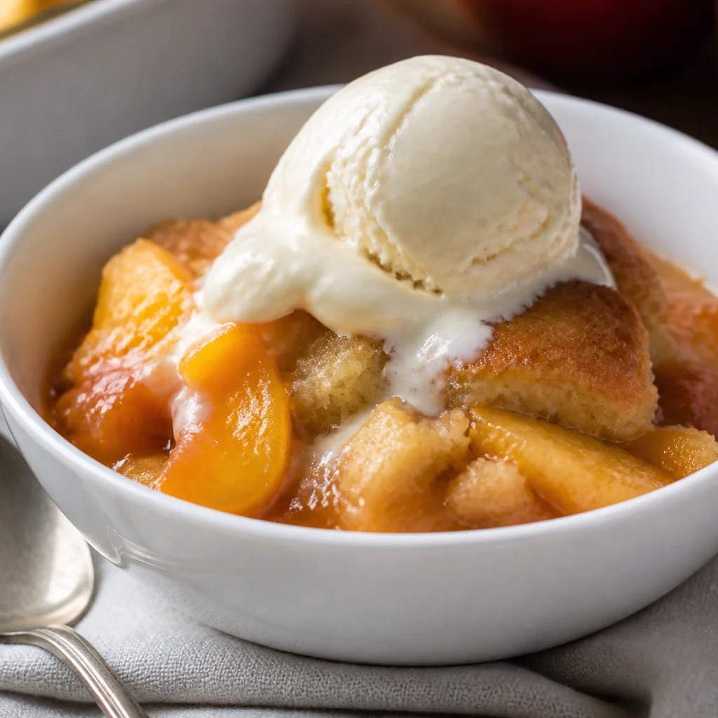 Step 8 serving warm peach cobbler with a scoop of vanilla ice cream