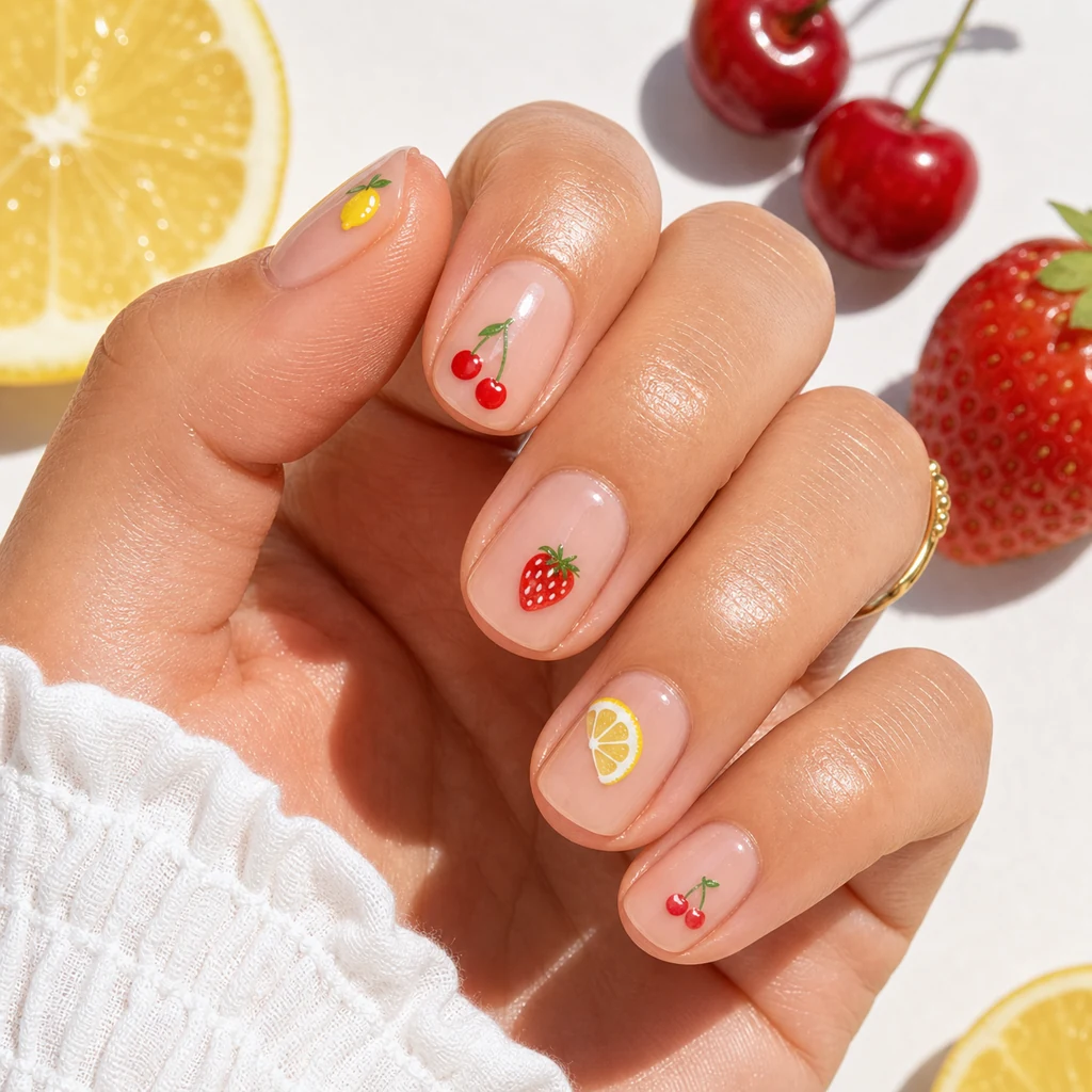 Fruit accent nail art with tiny lemon cherry and strawberry details