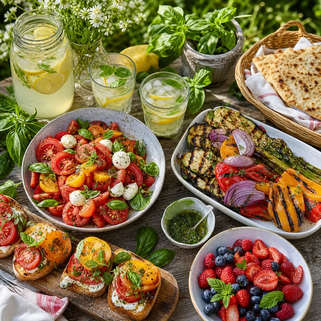 Garden to table summer party menu with tomato salad, grilled vegetables, herbs, lemonade, flatbread, and berries