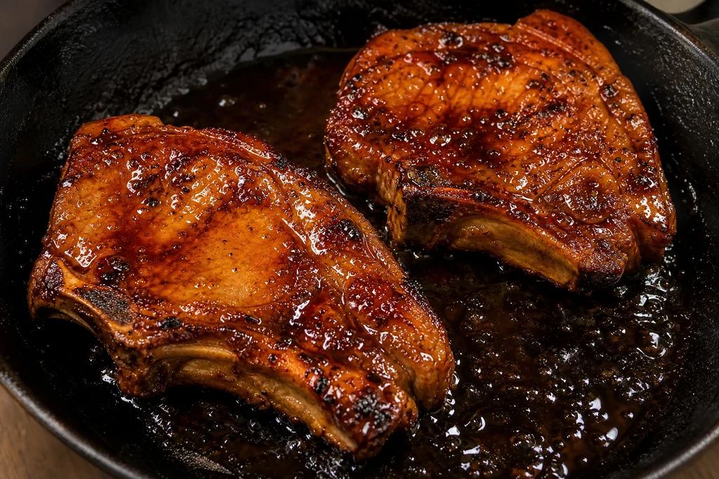 Pork chops coated in sticky honey soy glaze in the skillet