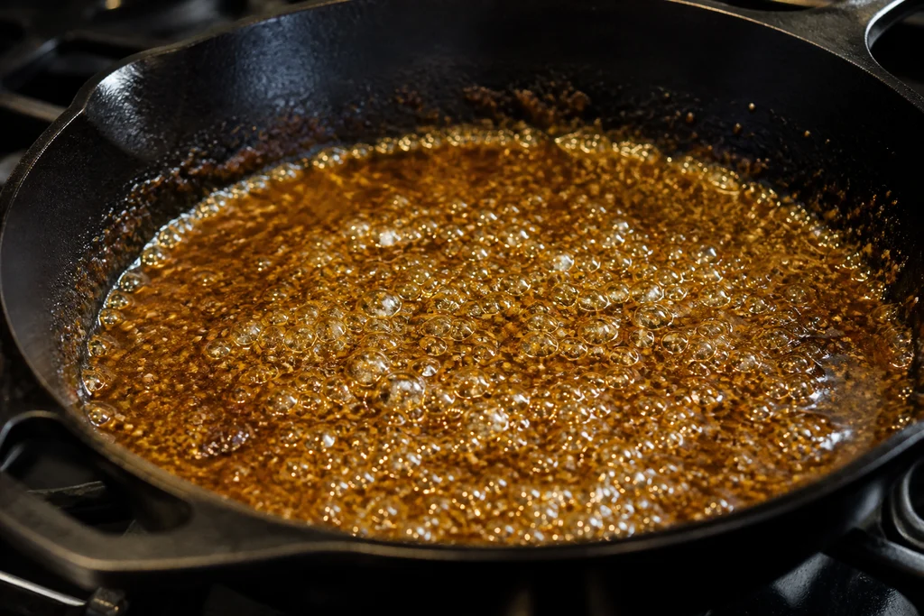 Honey soy mustard garlic glaze simmering in cast iron skillet