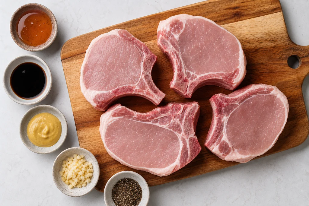 Raw bone-in pork chops with honey, soy sauce, Dijon mustard, and garlic for glazed pork chops