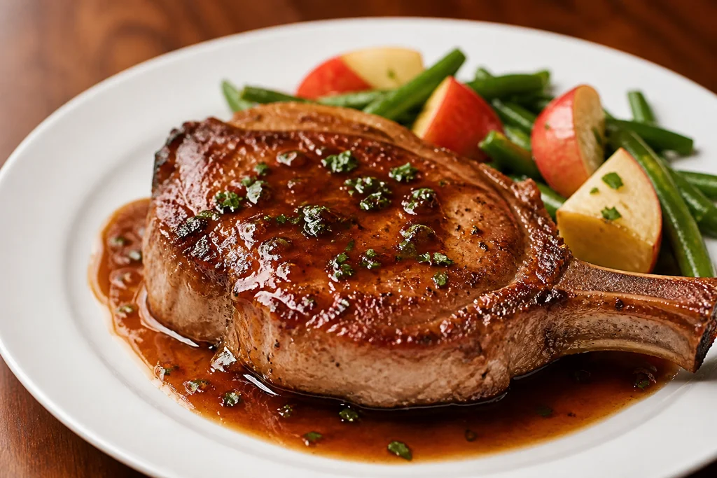 Glazed bone-in pork chop on a plate with pan sauce and parsley