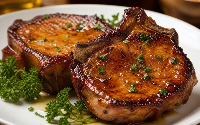 Juicy glazed bone-in pork chops with glossy honey soy sauce and parsley