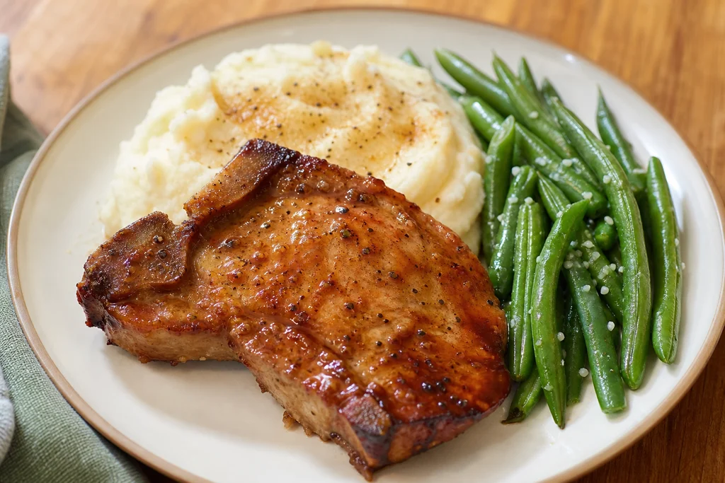 Glazed pork chop served with mashed potatoes and green beans