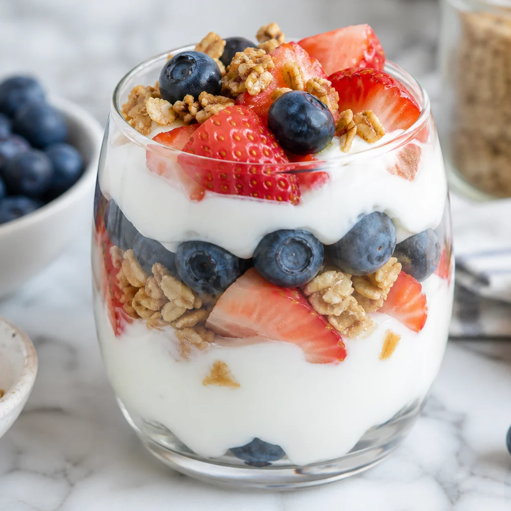 Greek yogurt parfait layered with fresh berries and granola