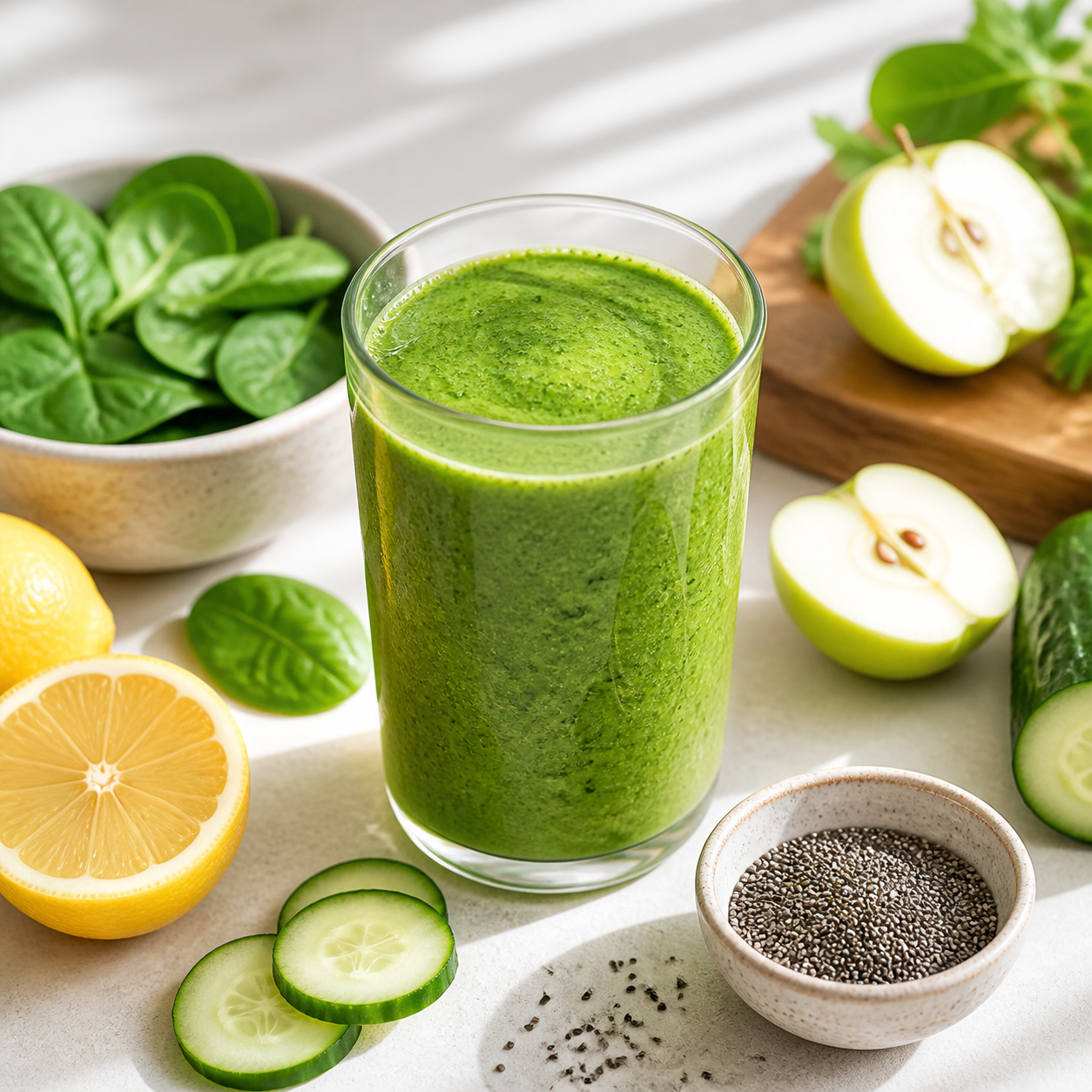 Beginner green detox smoothie with spinach cucumber green apple lemon and chia seeds