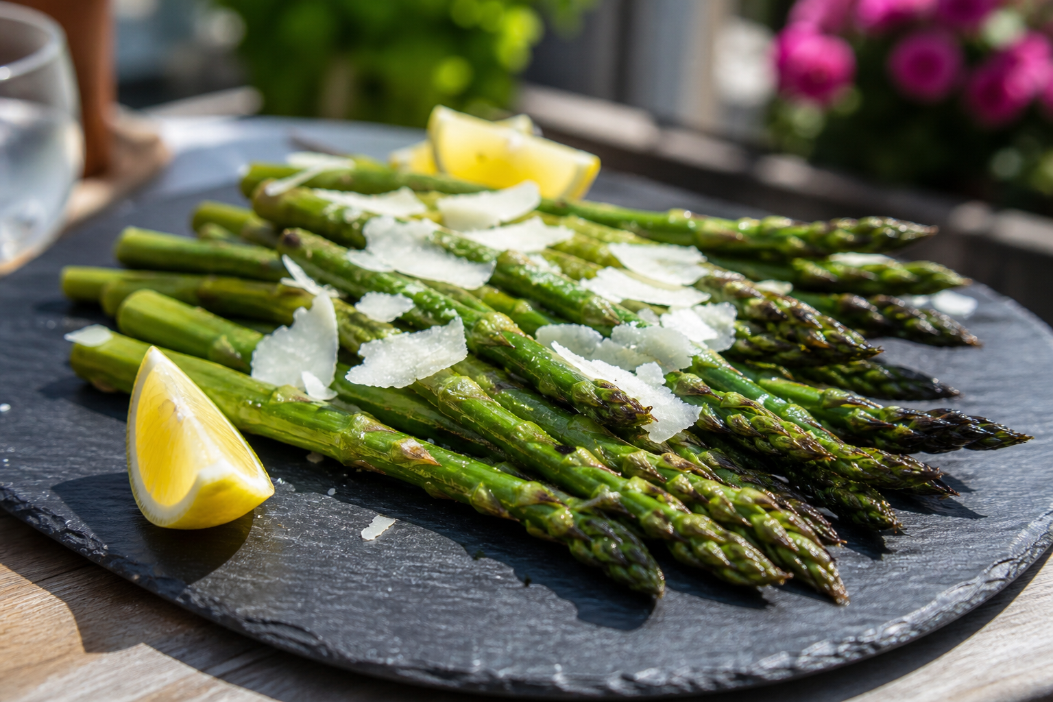 Grilled asparagus with lemon wedges and shaved parmesan