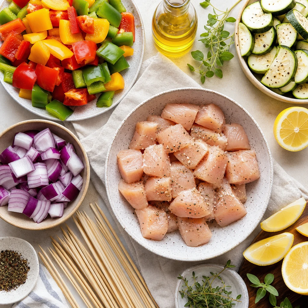 Grilled chicken kabob bowl ingredients with peppers zucchini red onion lemon and herbs