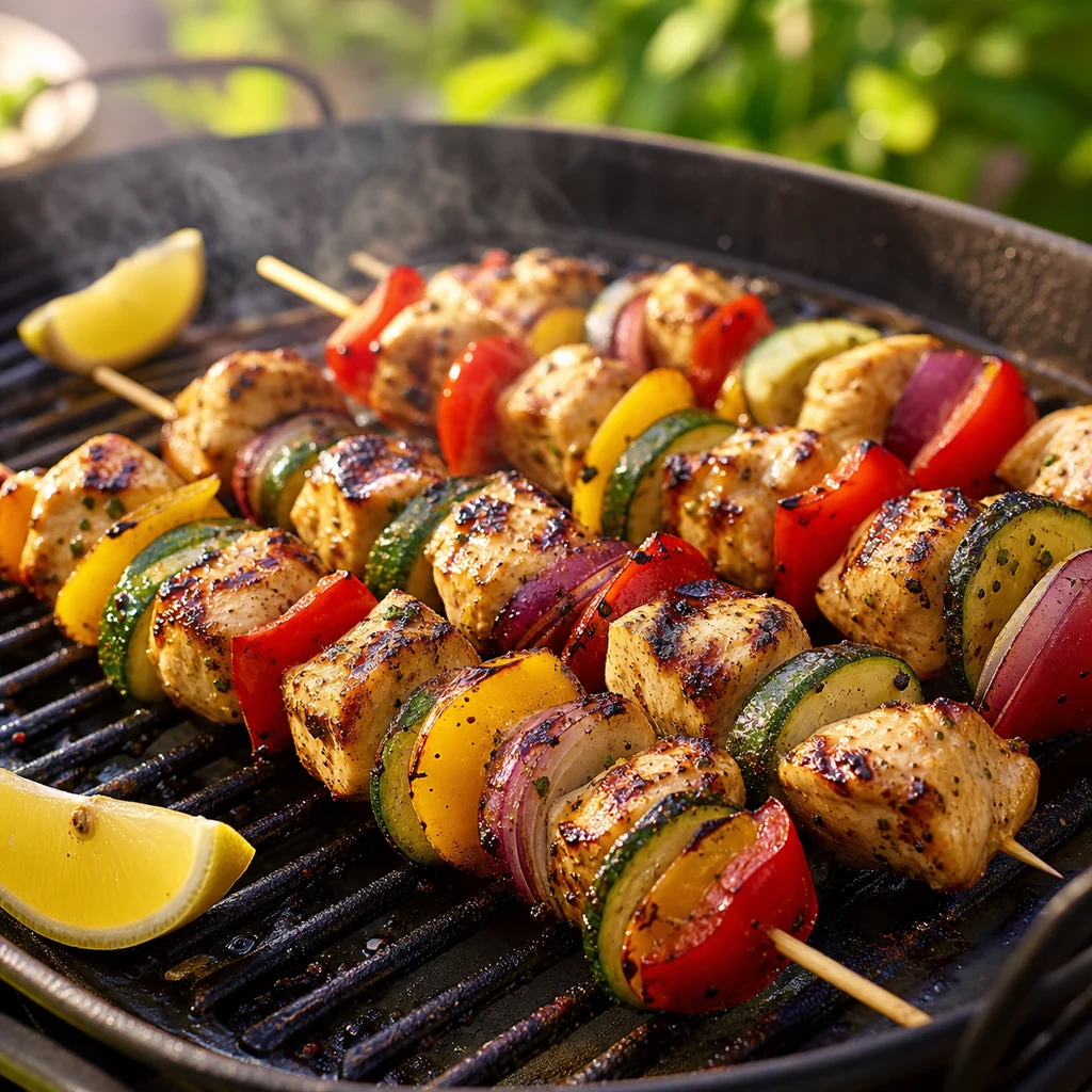 Grilled chicken kabobs with peppers zucchini and red onion on a grill