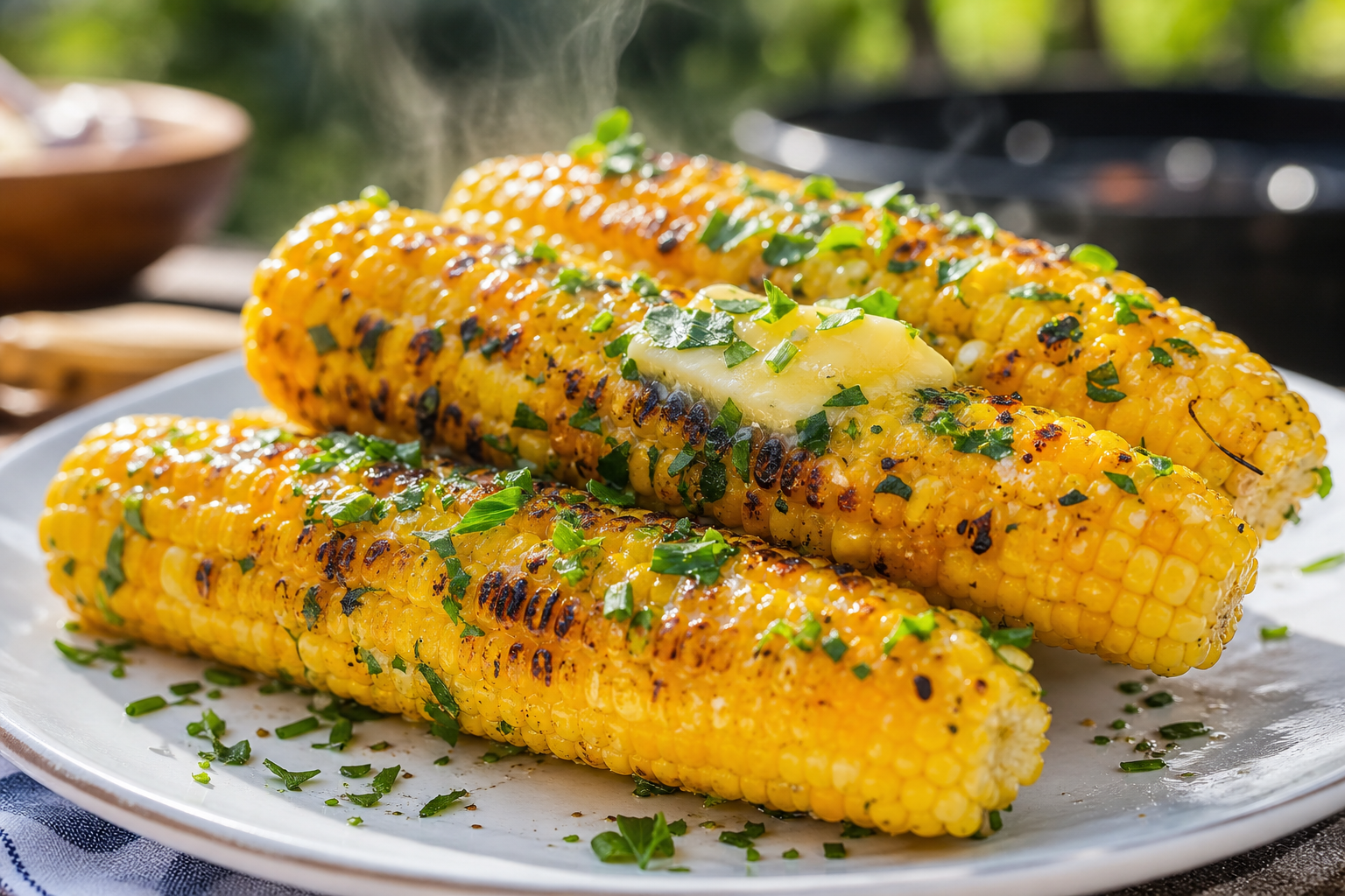 Grilled corn on the cob with herb butter and fresh parsley