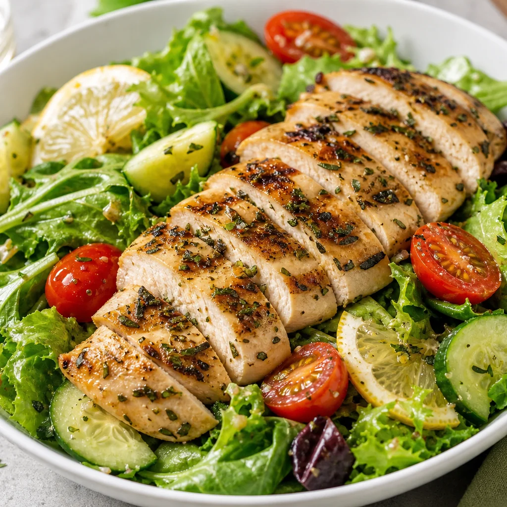 Grilled lemon herb chicken salad with mixed greens and cherry tomatoes