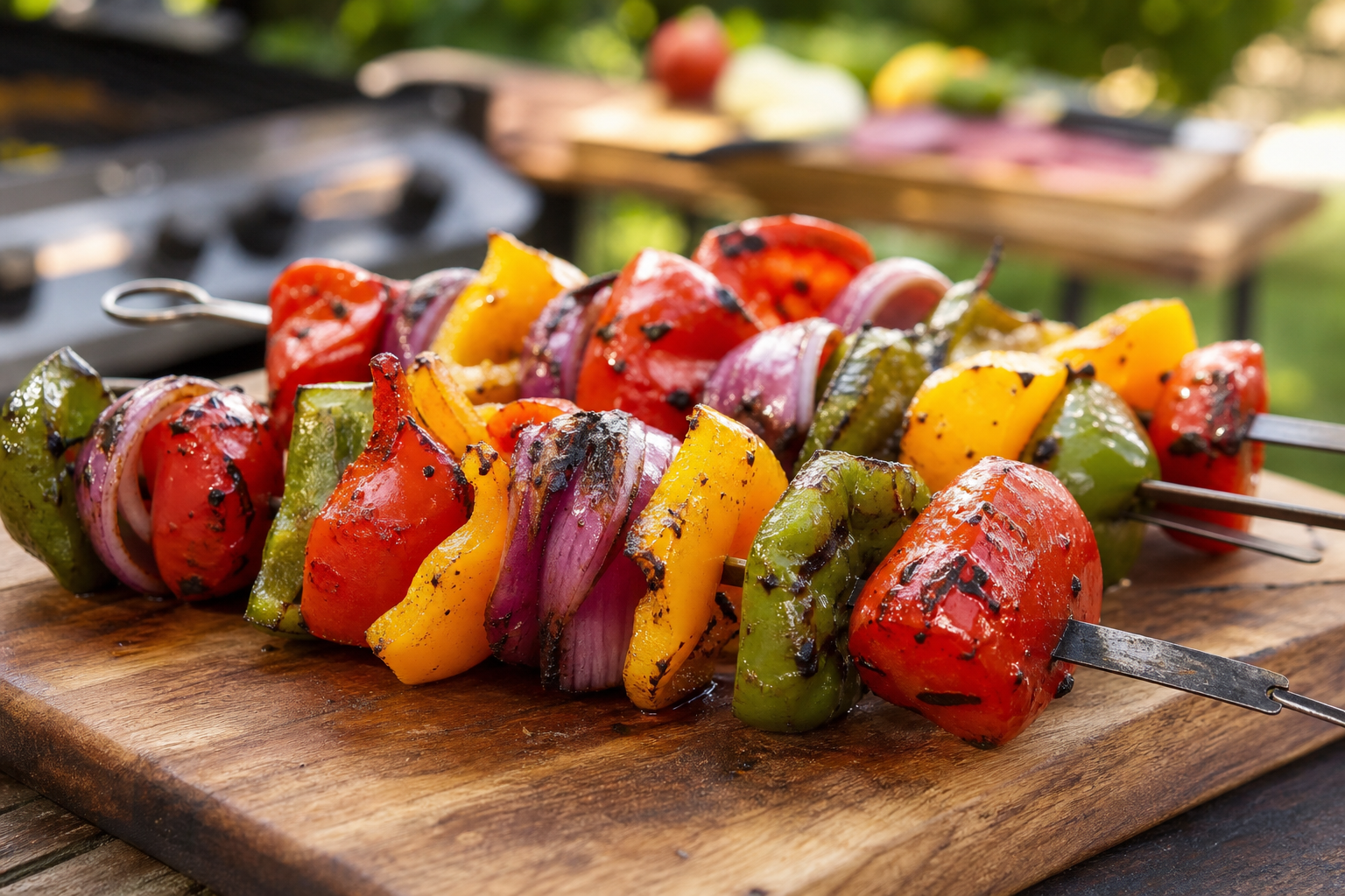 Grilled bell pepper and red onion skewers with char marks