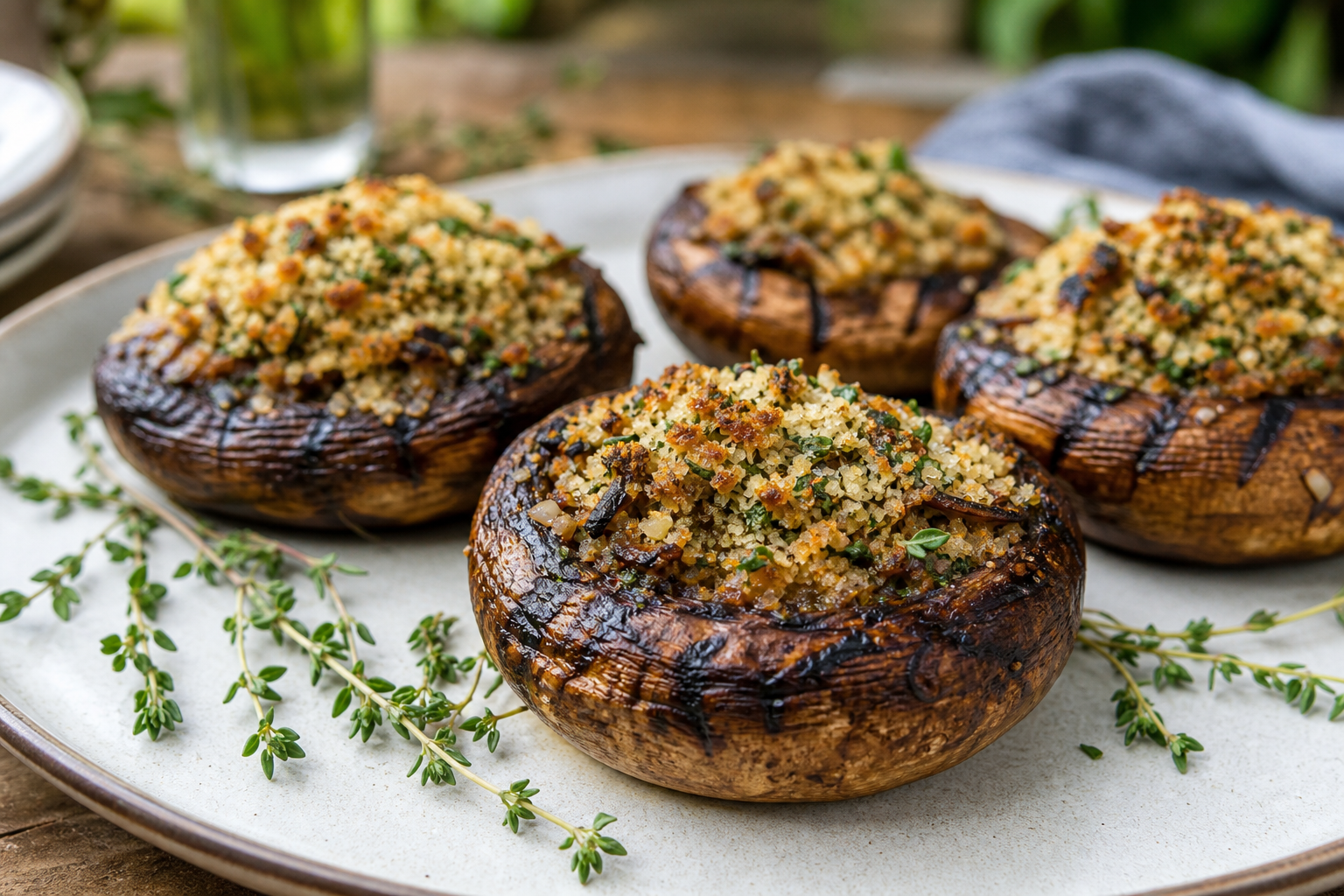 Grilled portobello mushroom caps with herbs and grill marks