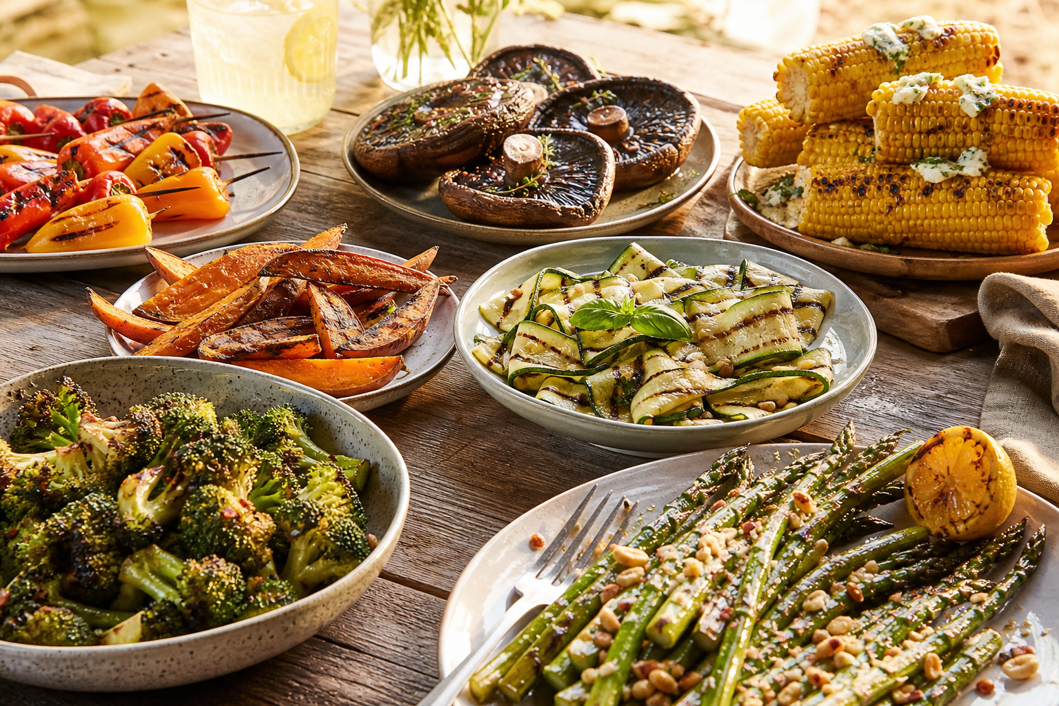 Colorful grilled vegetable side dishes spread for a summer cookout