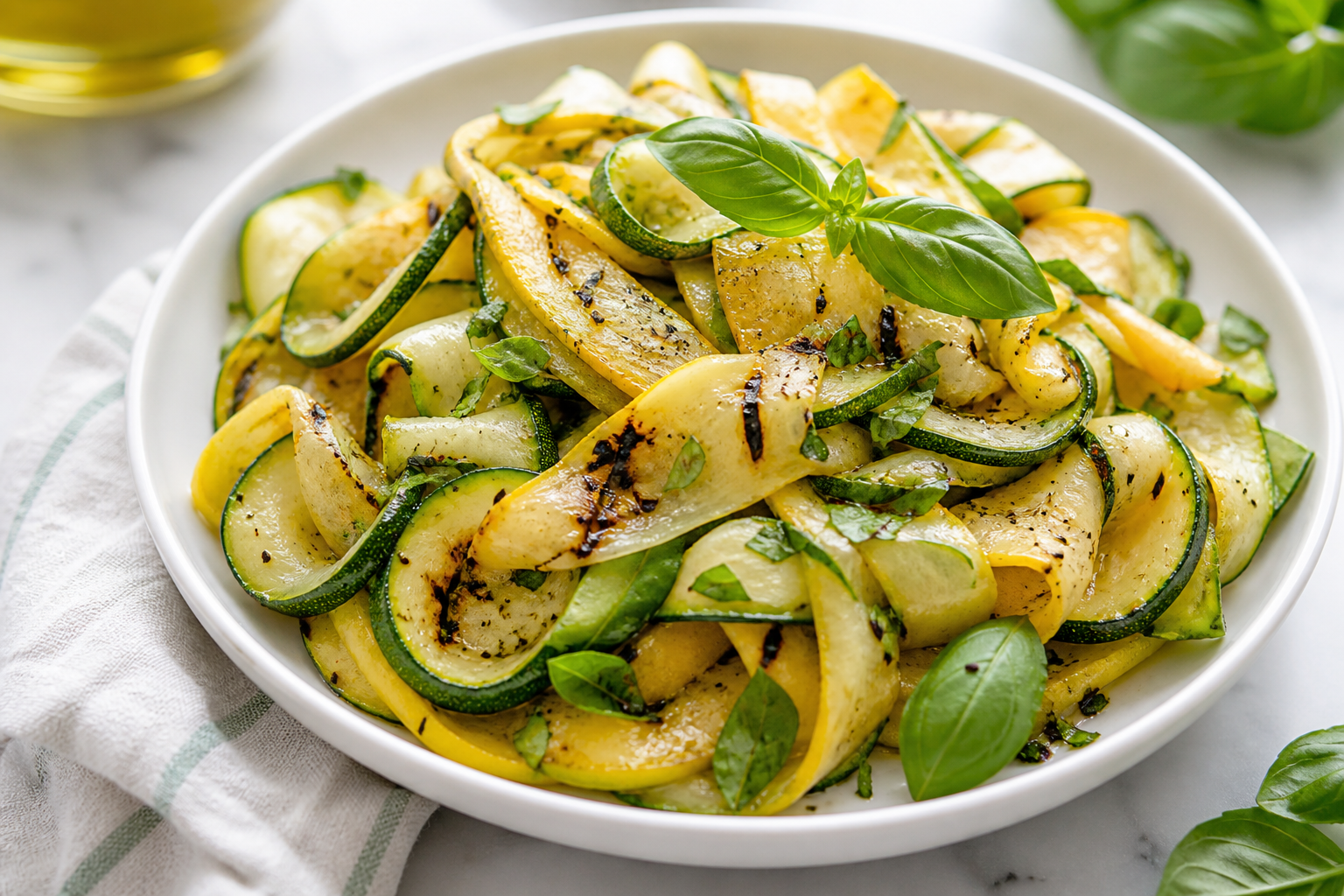 Charred zucchini and squash ribbon salad with olive oil and basil