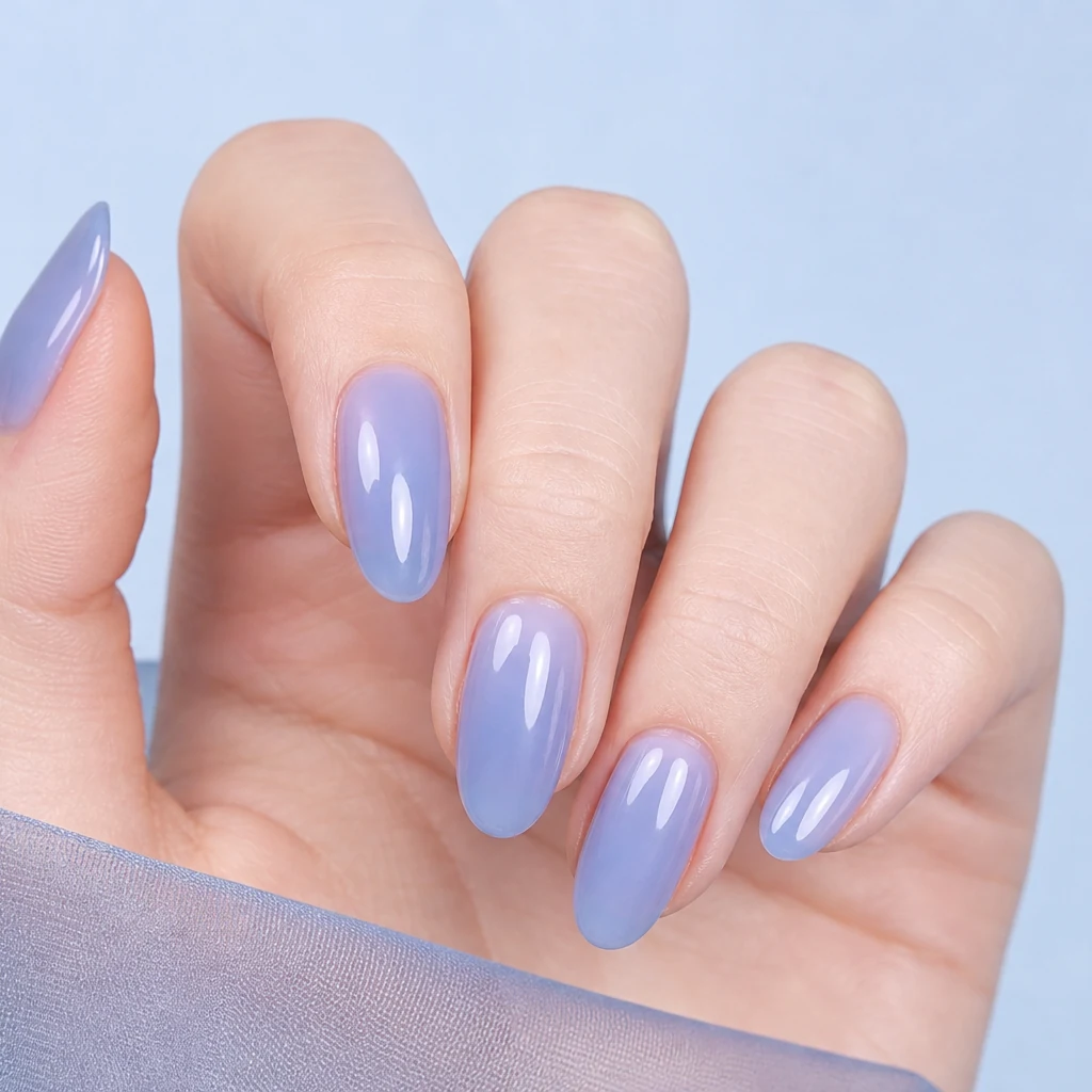 Blueberry jelly bean nails soft blue pastel jelly finish on real hand