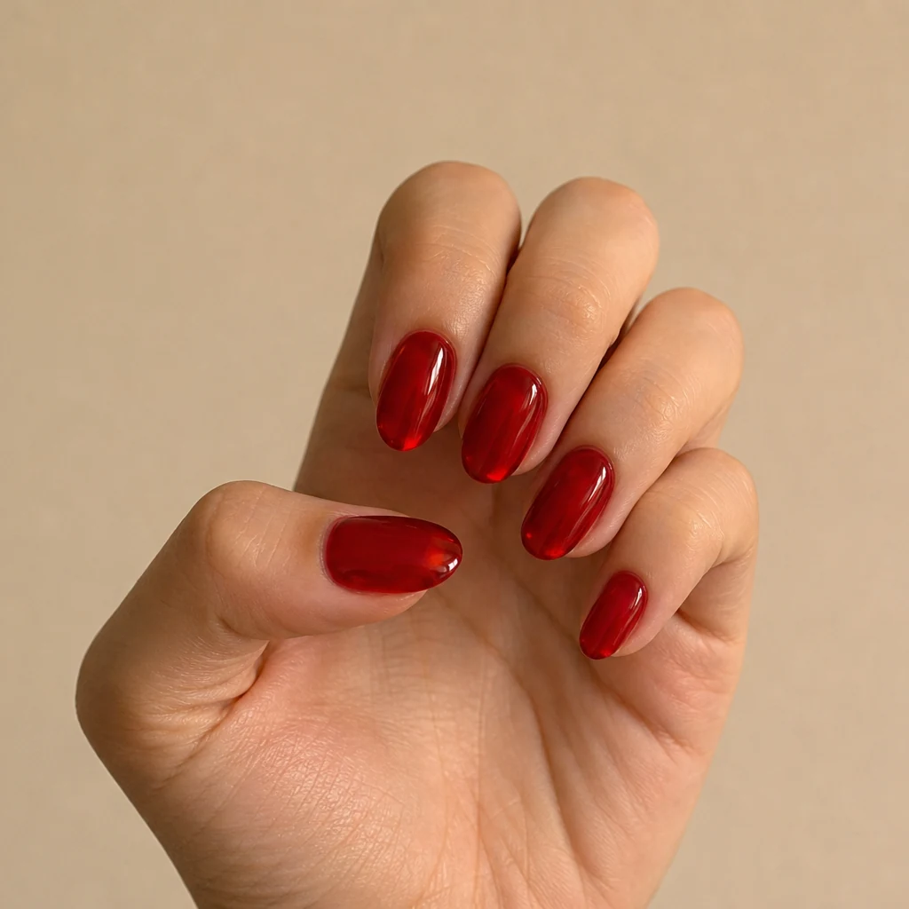 Cherry jelly bean nails glossy red candy jelly polish on real hand