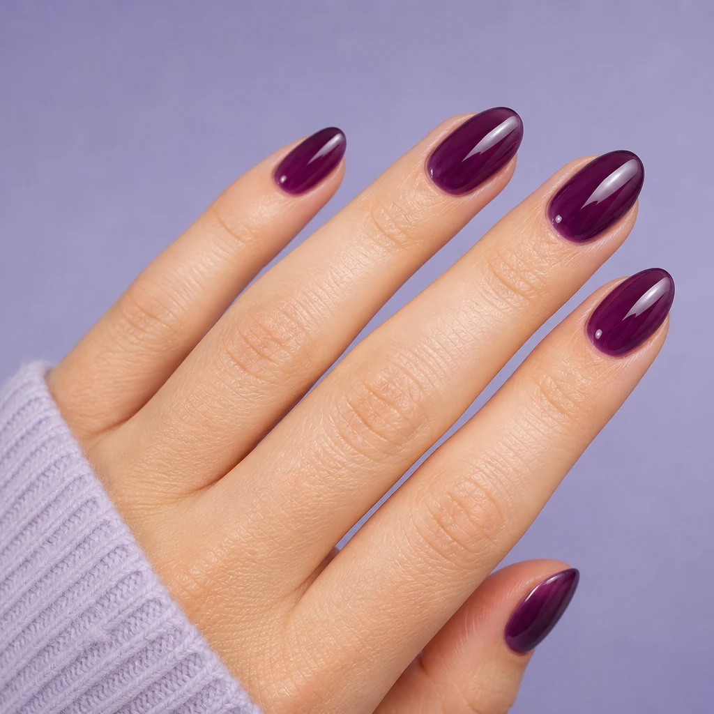 Grape jelly bean nails deep purple translucent polish on real hand