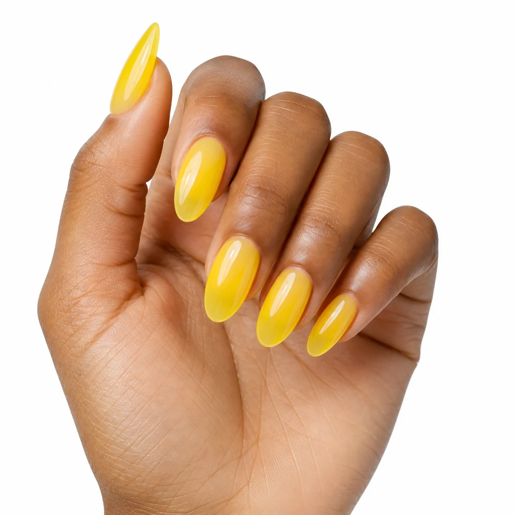 Lemon jelly bean nails bright yellow sheer glossy nails on real hand