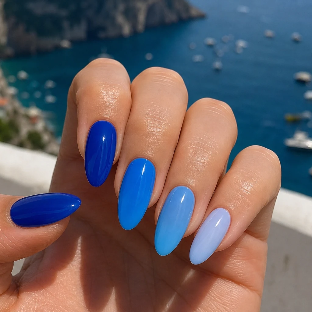 Amalfi coast blue ombre Mediterranean nails glossy almond shape