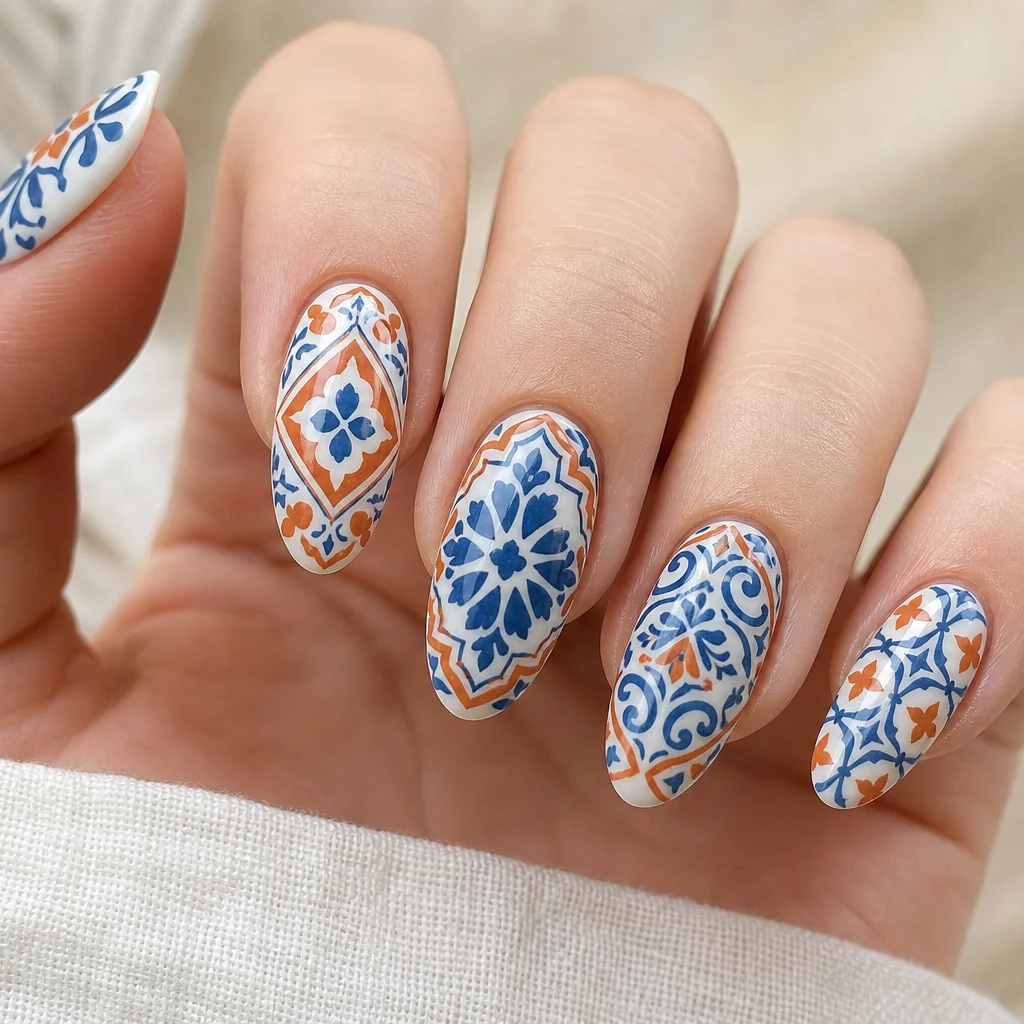 Terracotta and azure ceramic pattern Mediterranean nail art