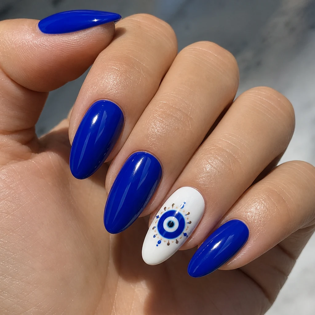 Greek evil eye nail art on cobalt blue Mediterranean manicure
