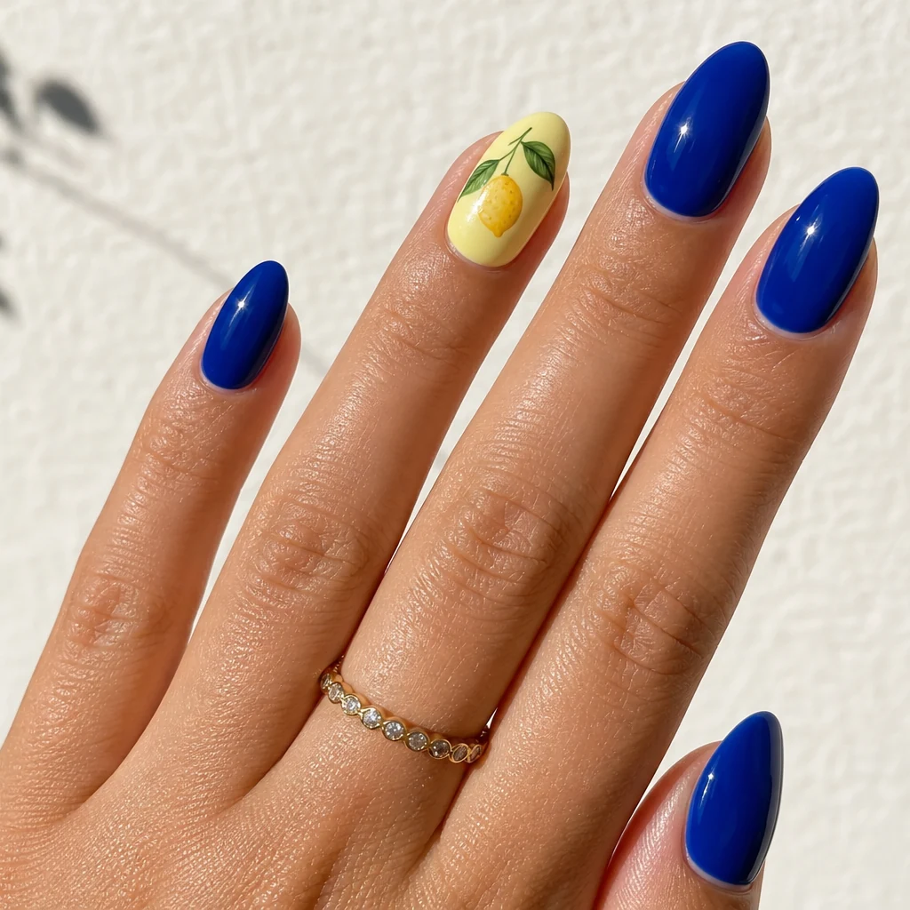 Hand-painted lemon accent Mediterranean nails with cobalt blue polish