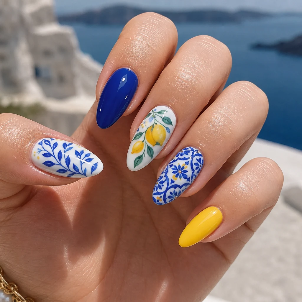 Mixed Mediterranean vacation nails with tile lemon and cobalt designs