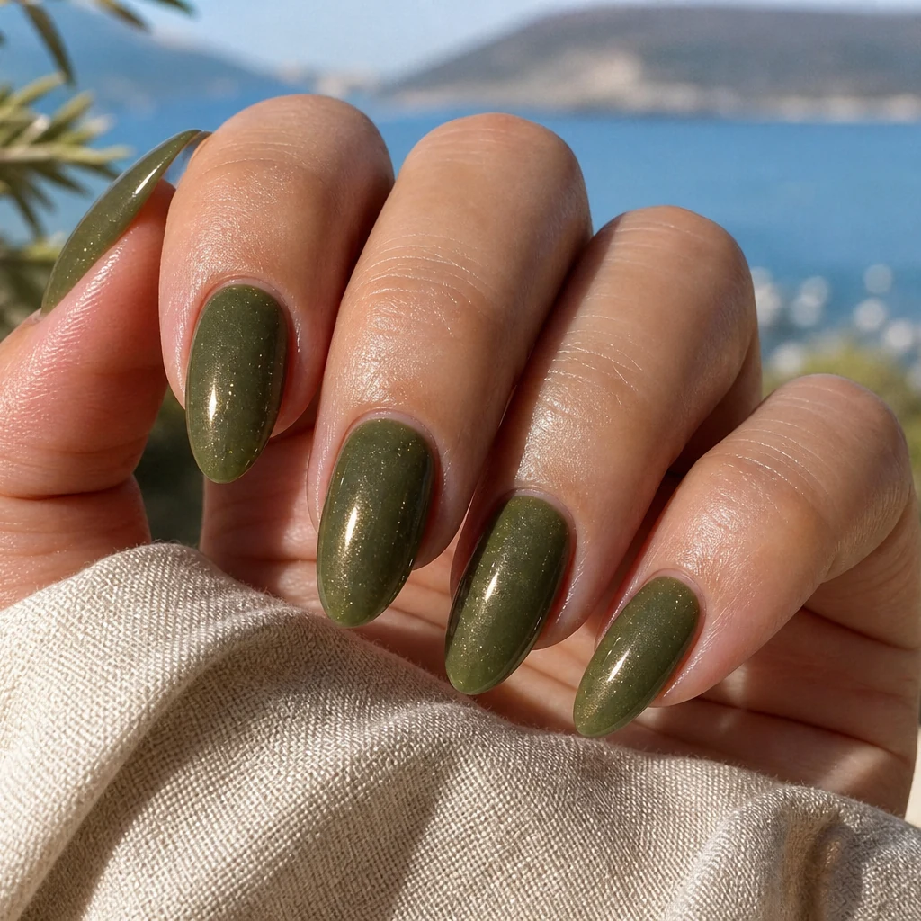 Olive green glossy Mediterranean summer nails with gold shimmer