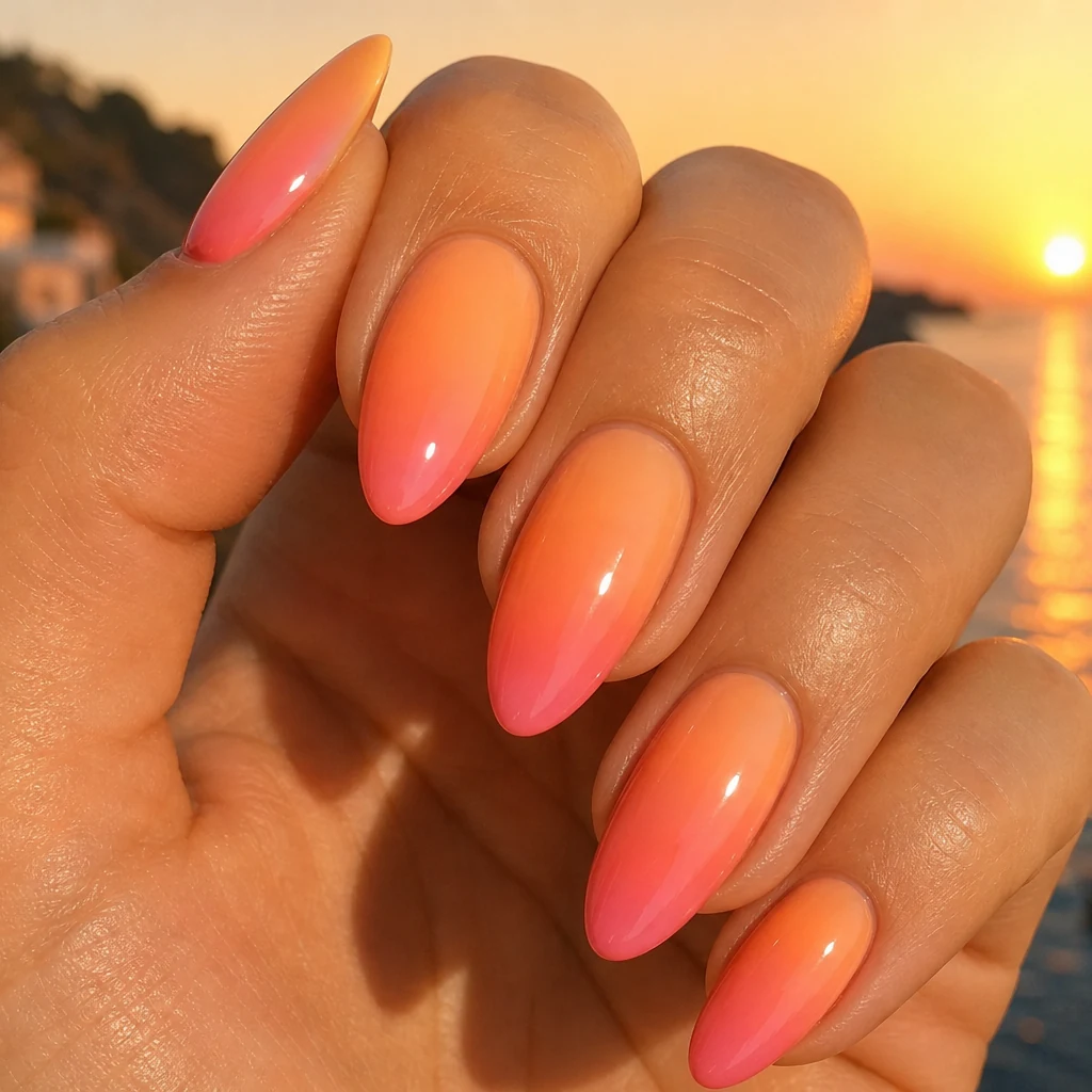 Mediterranean sunset ombre nails peach to coral gradient manicure
