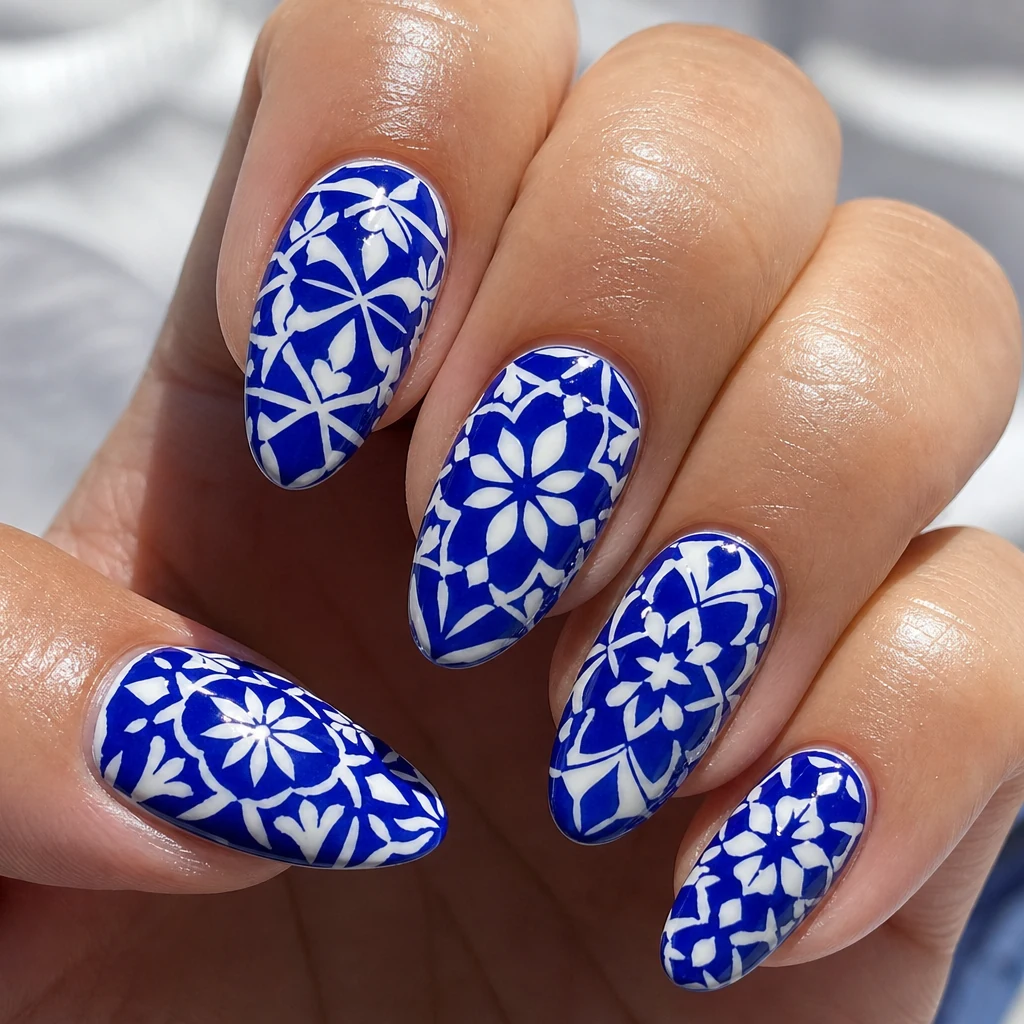 Cobalt blue Mediterranean tile pattern nails on almond manicure