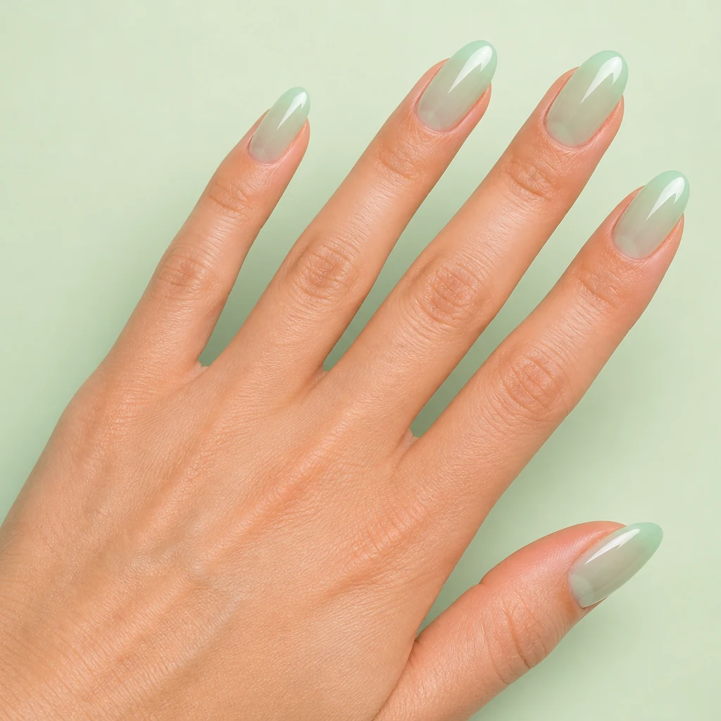 Mint jelly bean nails cool green translucent finish on real hand