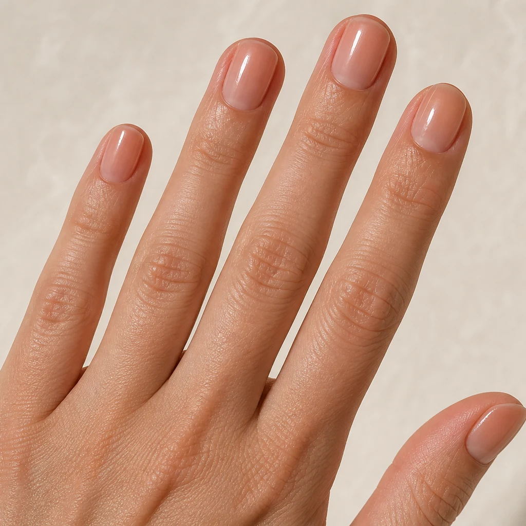 Peach jelly bean nails warm translucent peach polish on real hand