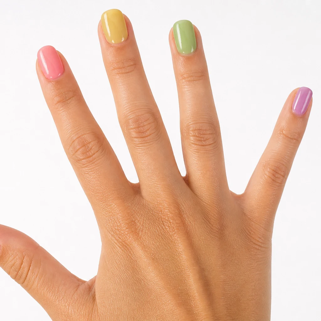 Rainbow jelly bean mix nails with multiple sheer candy colors on real hand