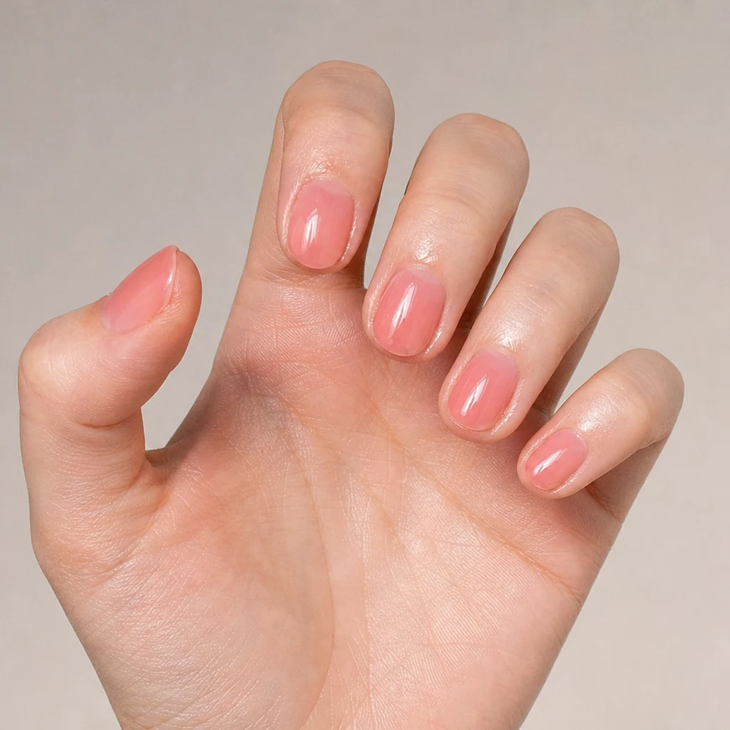 Strawberry jelly bean nails sheer pink glossy finish on real hand manicure
