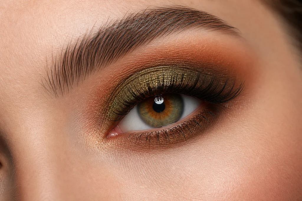 Copper and green blended eyeshadow complementing hazel eyes