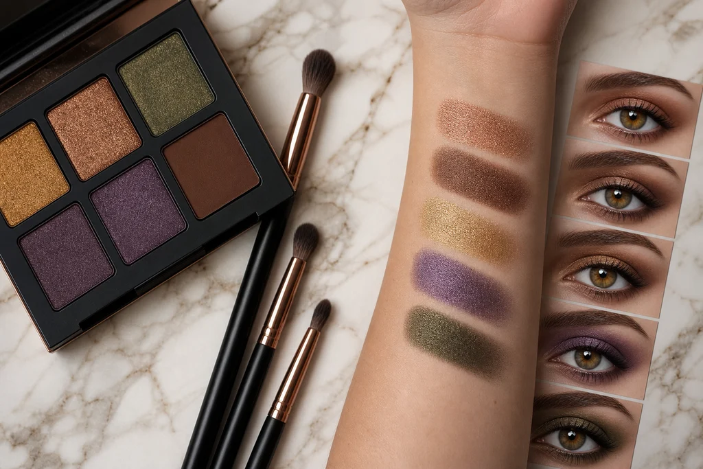 Eyeshadow palette with bronze purple and gold tones for hazel eyes makeup
