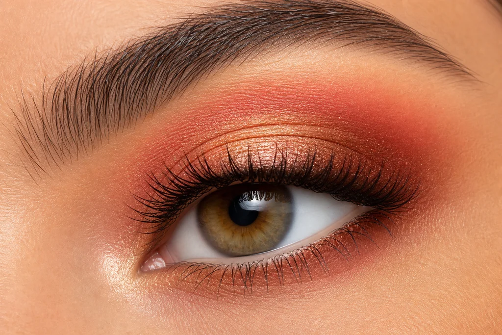 Coral peach bronze gradient eyeshadow on hazel eyes