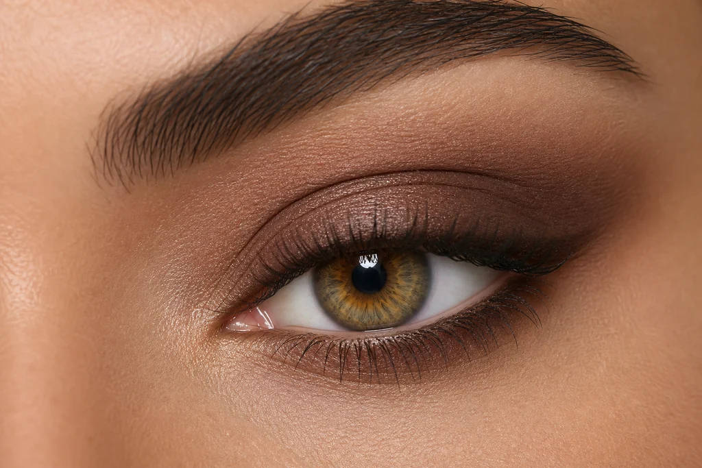 Classic taupe and brown eyeshadow definition on hazel eyes