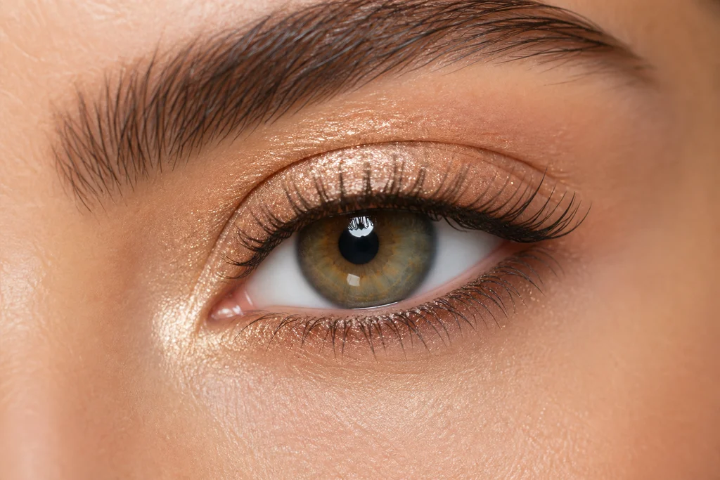 Champagne shimmer eyeshadow all over lid on hazel eyes for bridal glow