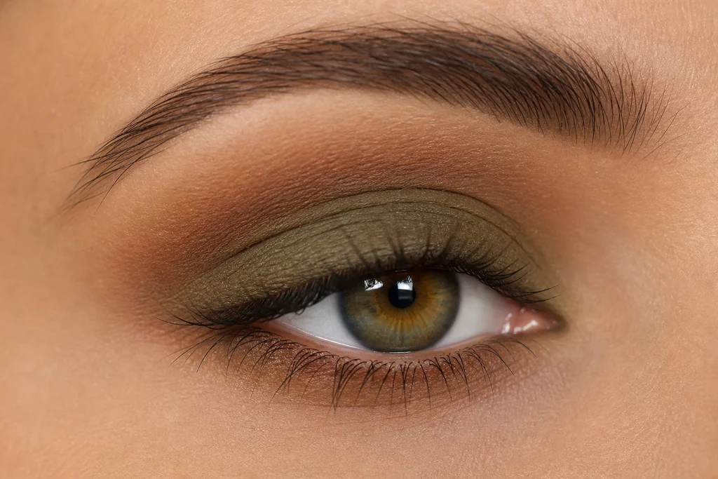 Matte olive lid and brown crease eyeshadow on hazel eyes