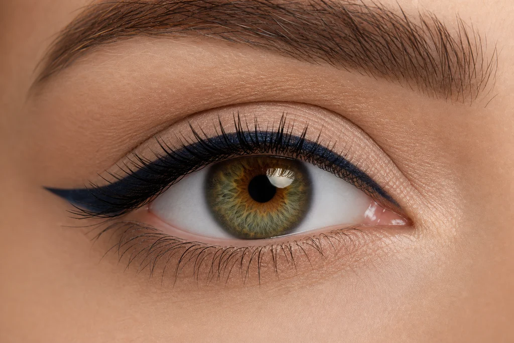 Navy eyeliner on neutral lid making hazel eyes pop
